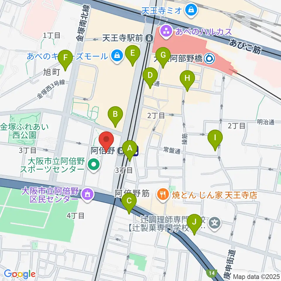 阿倍野市民学習センター周辺のコンビニエンスストア一覧地図