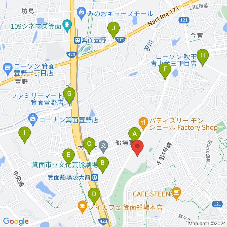 Bb箕面船場店周辺のコンビニエンスストア一覧地図