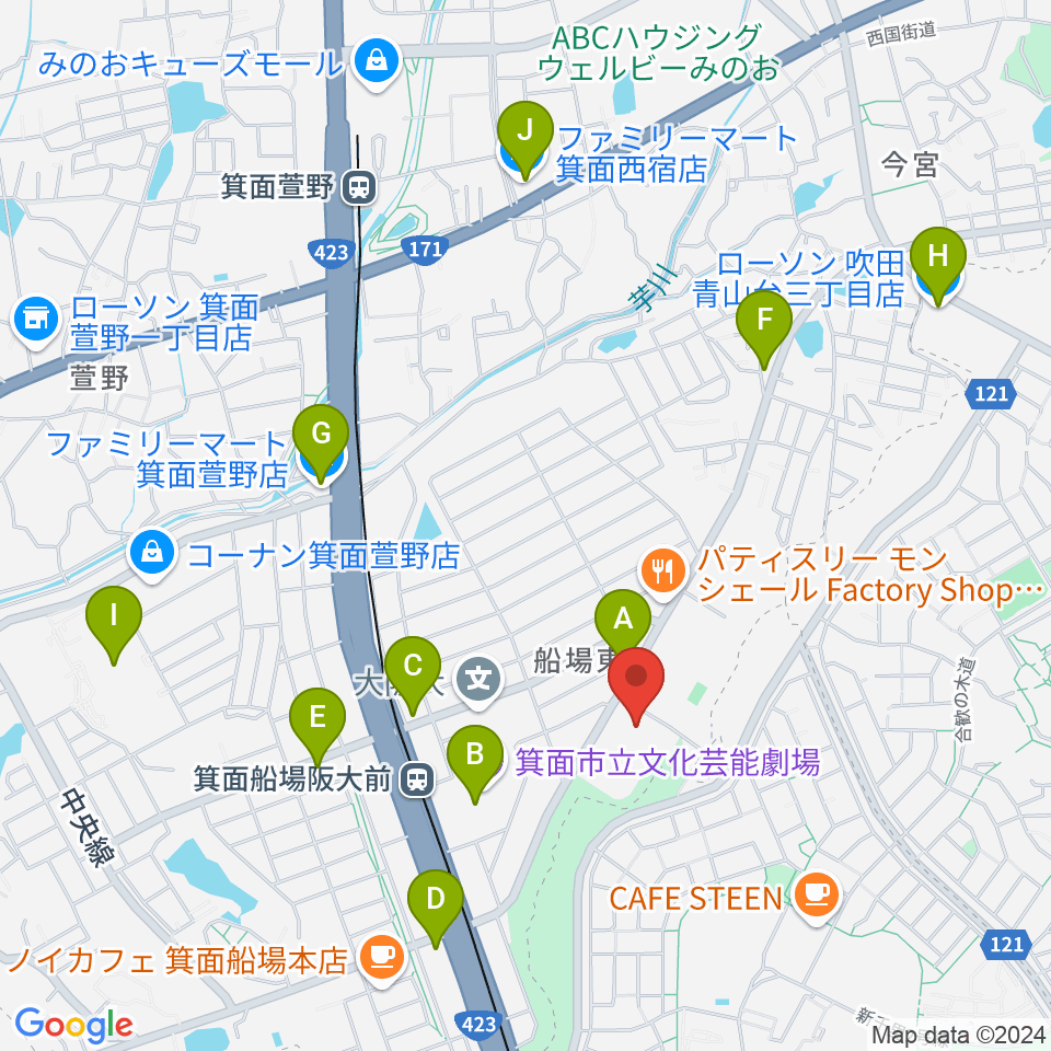 Bb箕面船場店周辺のコンビニエンスストア一覧地図