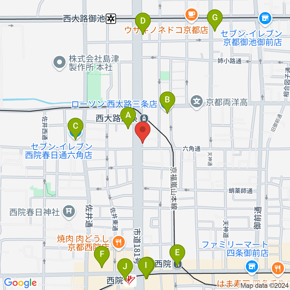 京都西院ウーララ周辺のコンビニエンスストア一覧地図