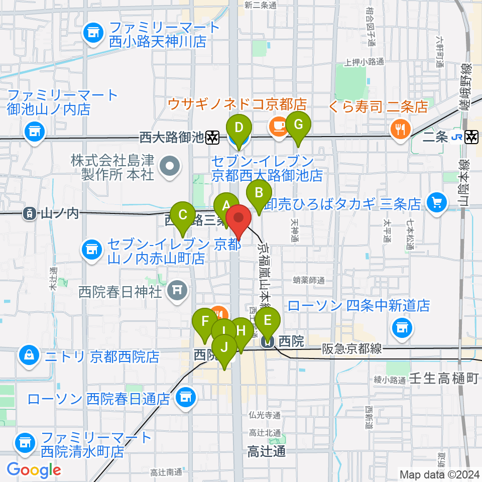 京都西院ウーララ周辺のコンビニエンスストア一覧地図