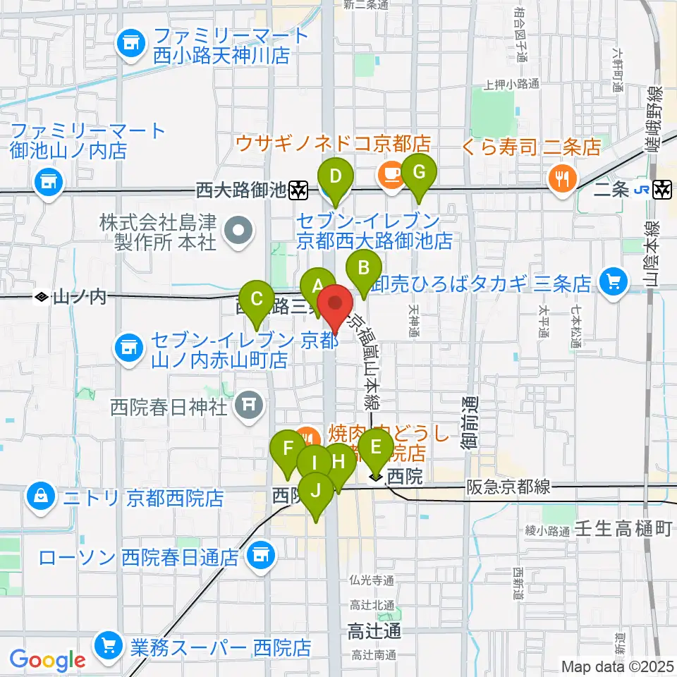 京都西院ウーララ周辺のコンビニエンスストア一覧地図