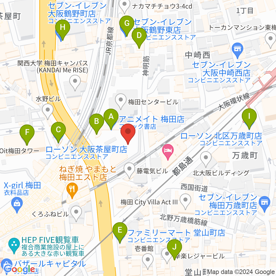 梅田クリスタルホール周辺のコンビニエンスストア一覧地図