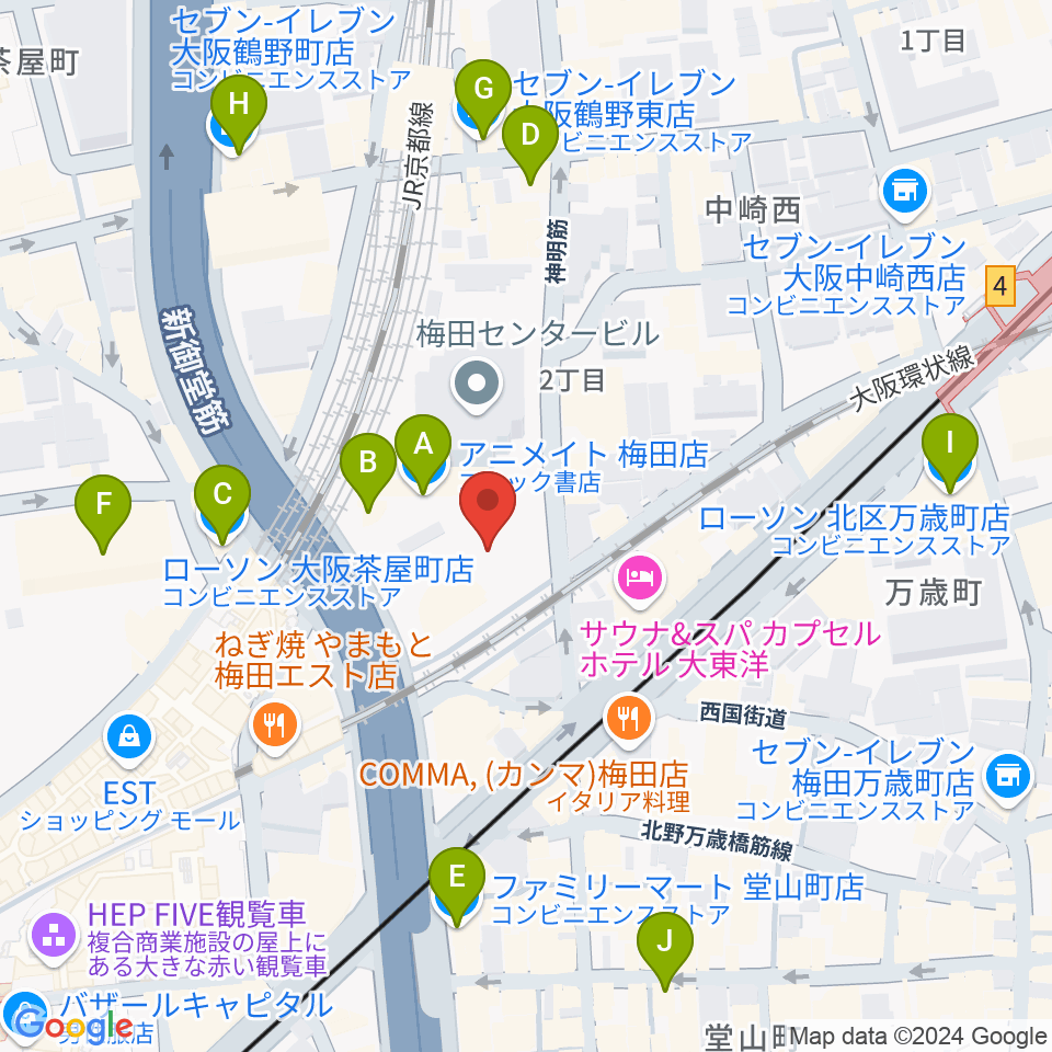 梅田クリスタルホール周辺のコンビニエンスストア一覧地図