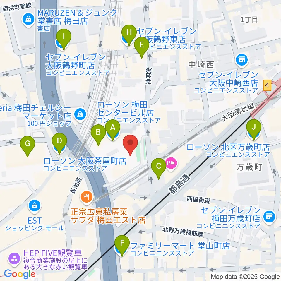 梅田クリスタルホール周辺のコンビニエンスストア一覧地図