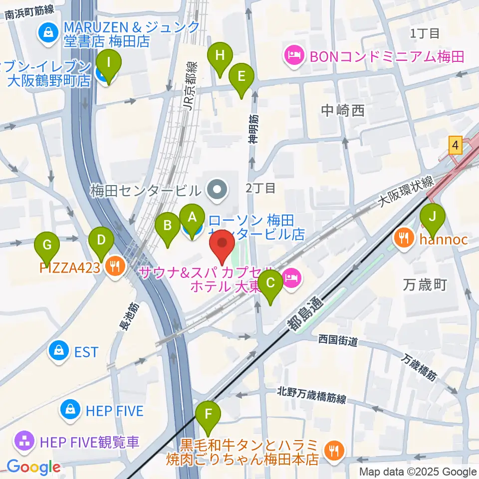 梅田クリスタルホール周辺のコンビニエンスストア一覧地図