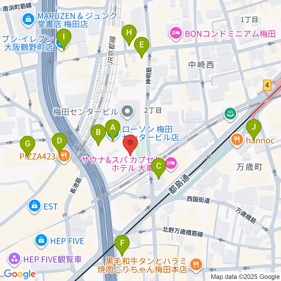 梅田クリスタルホール周辺のコンビニエンスストア一覧地図