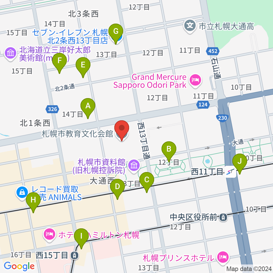 札幌市教育文化会館周辺のコンビニエンスストア一覧地図