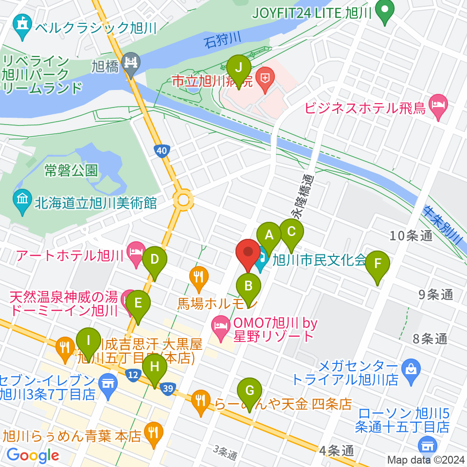 旭川市民文化会館周辺のコンビニエンスストア一覧地図