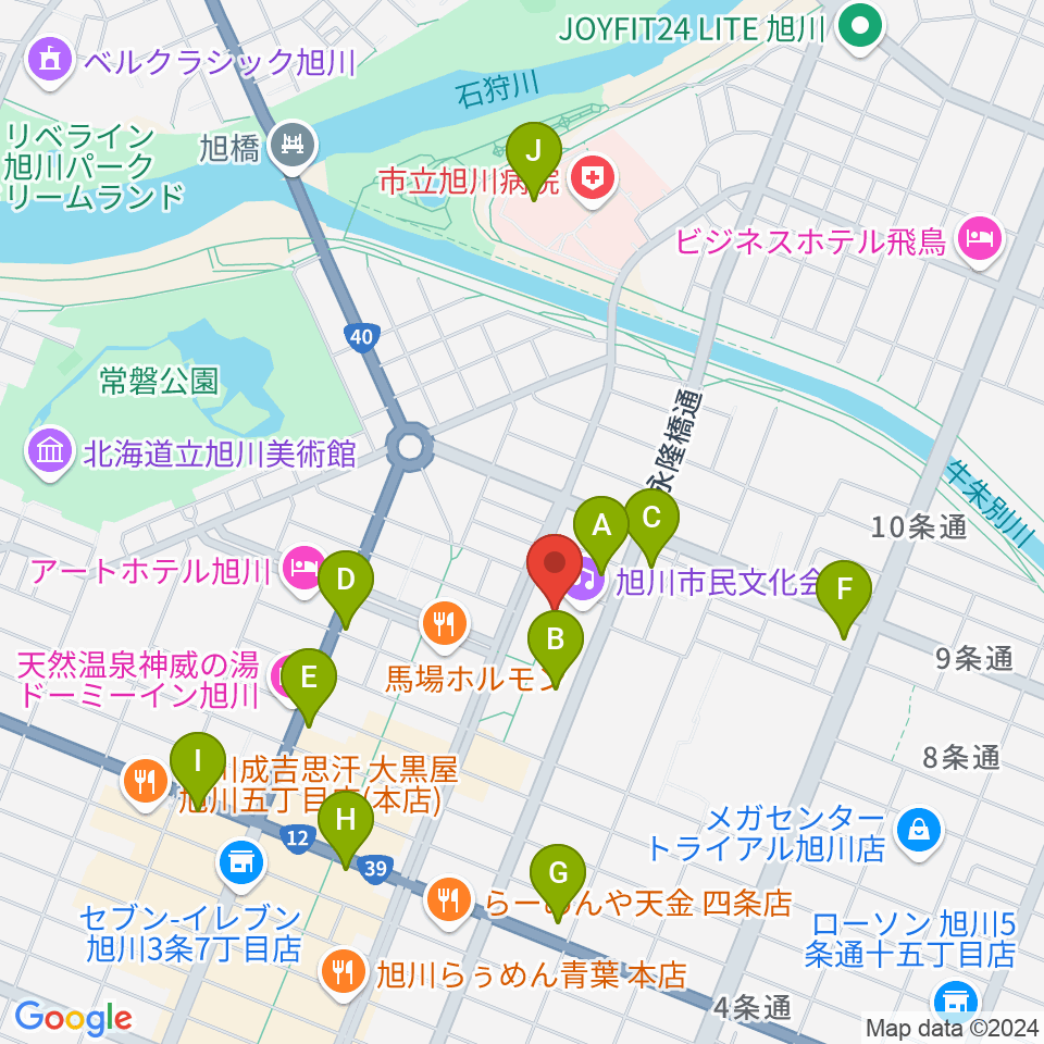 旭川市民文化会館周辺のコンビニエンスストア一覧地図