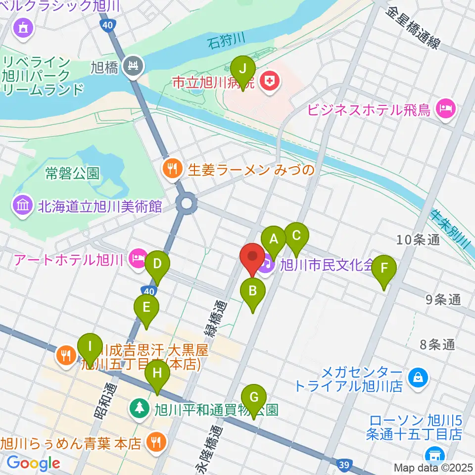 旭川市民文化会館周辺のコンビニエンスストア一覧地図