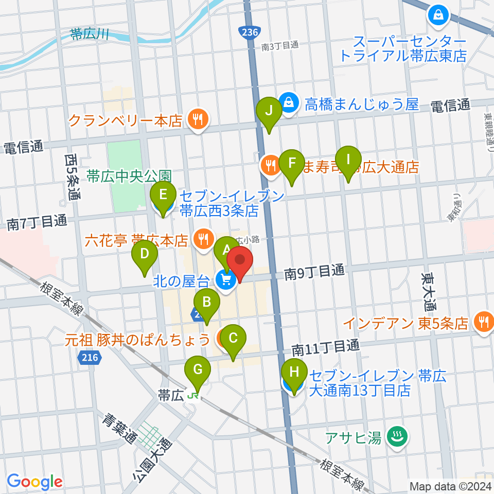 帯広B♭M7周辺のコンビニエンスストア一覧地図