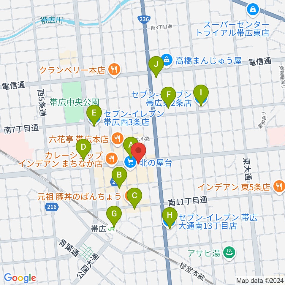 帯広B♭M7周辺のコンビニエンスストア一覧地図