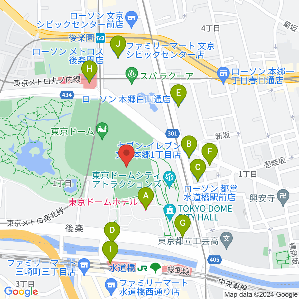 東京ドーム周辺のコンビニエンスストア一覧地図