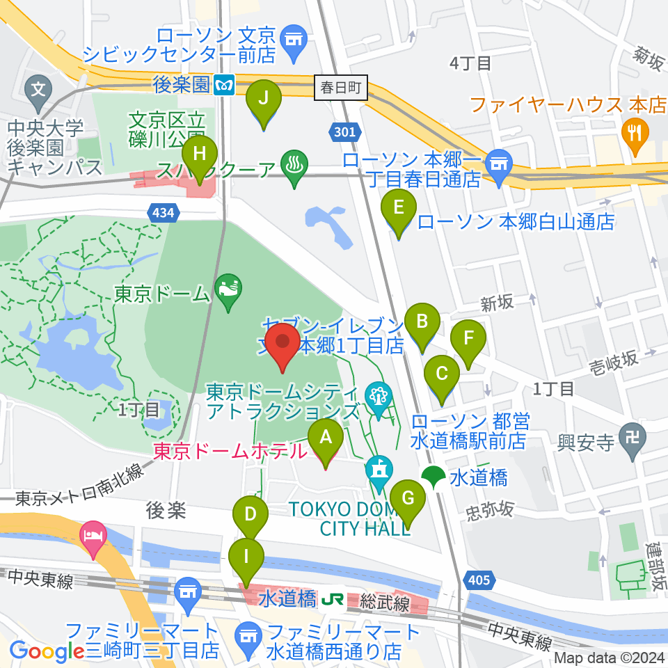 東京ドーム周辺のコンビニエンスストア一覧地図