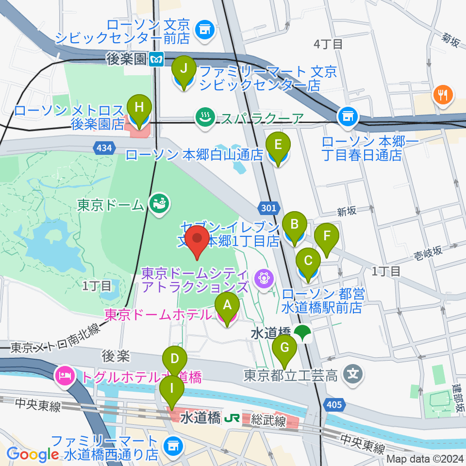 東京ドーム周辺のコンビニエンスストア一覧地図