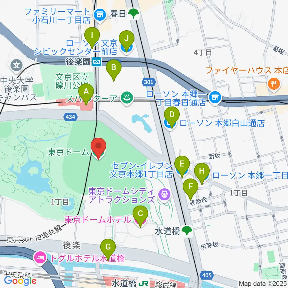 東京ドーム周辺のコンビニエンスストア一覧地図