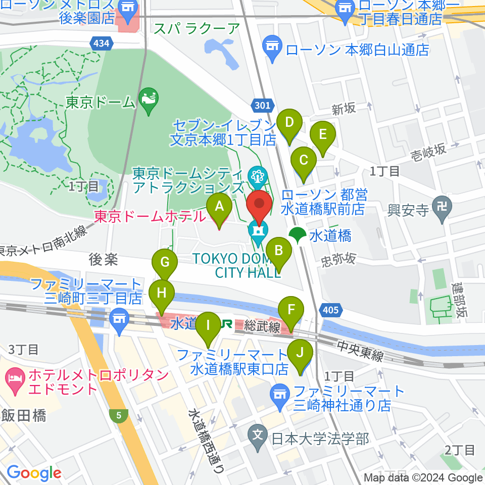 東京ドームシティホール周辺のコンビニエンスストア一覧地図