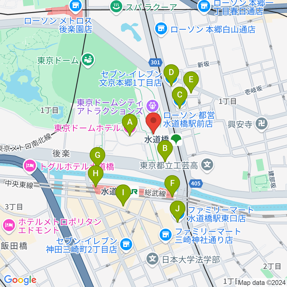 東京ドームシティホール周辺のコンビニエンスストア一覧地図