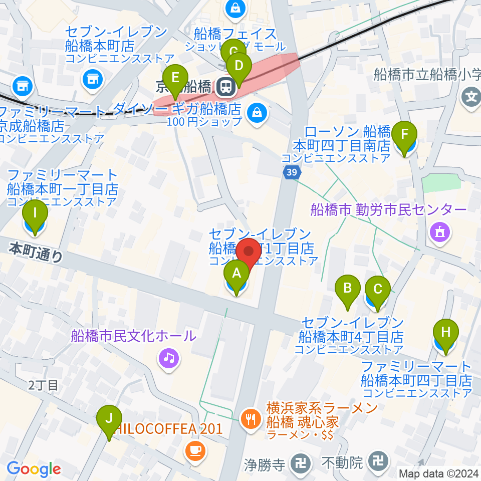 伊藤楽器 船橋本店周辺のコンビニエンスストア一覧地図