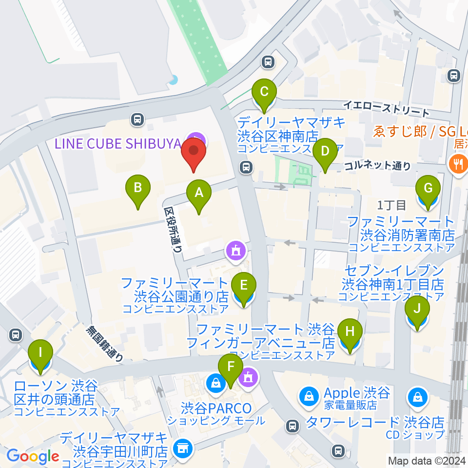 LINE CUBE SHIBUYA周辺のコンビニエンスストア一覧地図