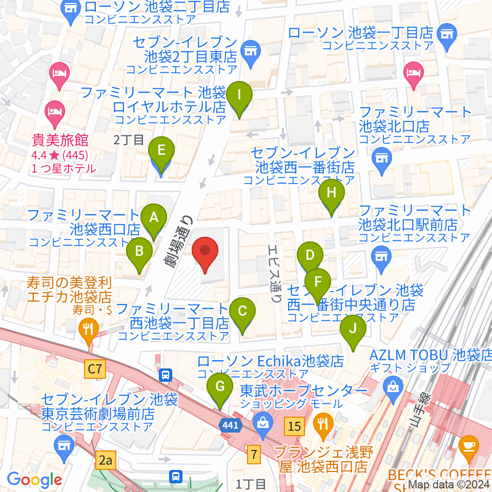 池袋LIVE INN ROSA周辺のコンビニエンスストア一覧地図