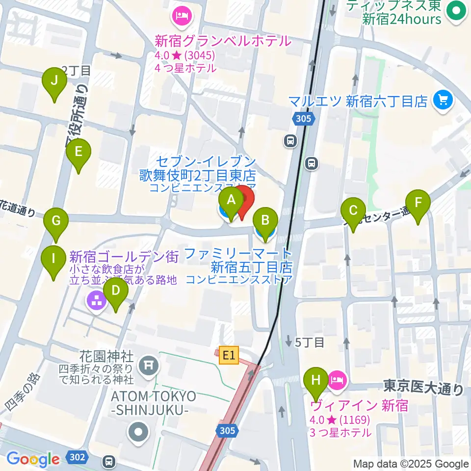 新宿ナインスパイス周辺のコンビニエンスストア一覧地図