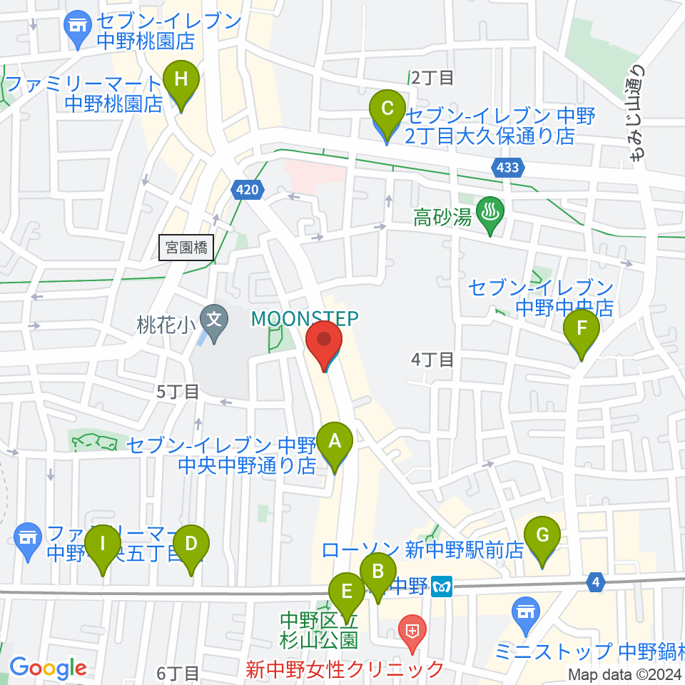 中野MOON STEP周辺のコンビニエンスストア一覧地図