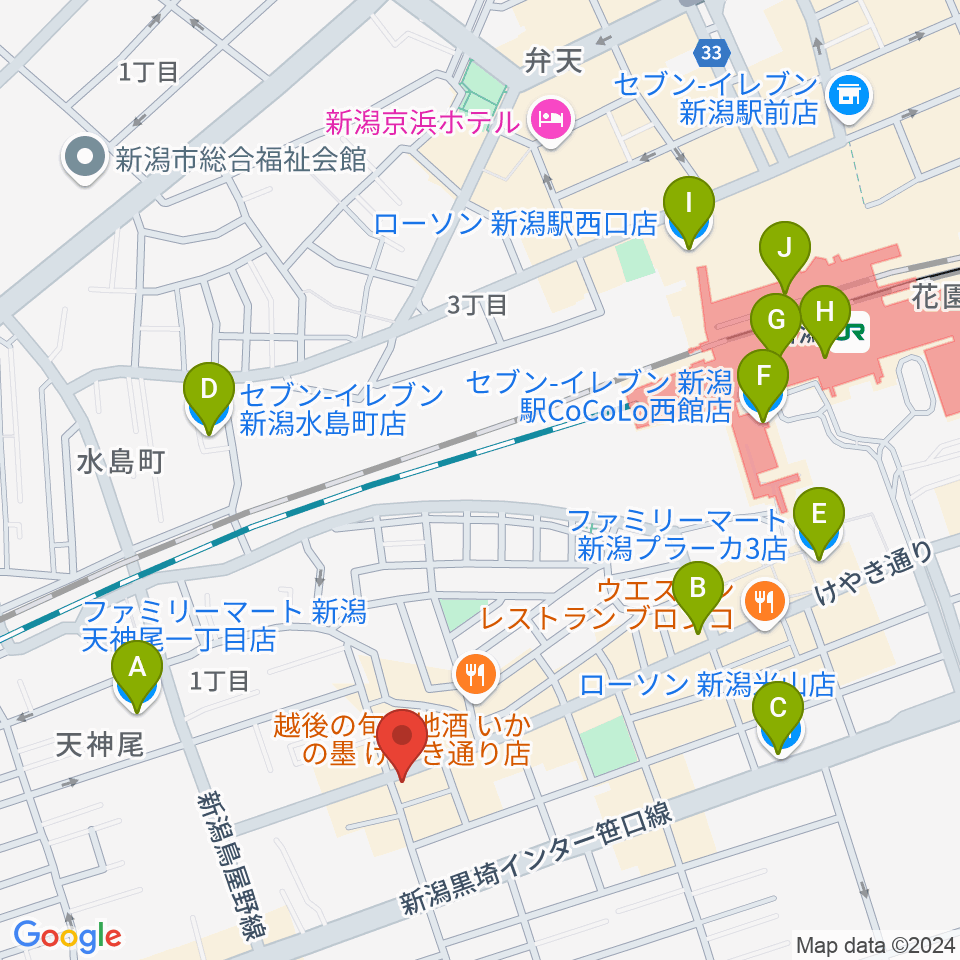 新潟ジキル＆ハイド周辺のコンビニエンスストア一覧地図