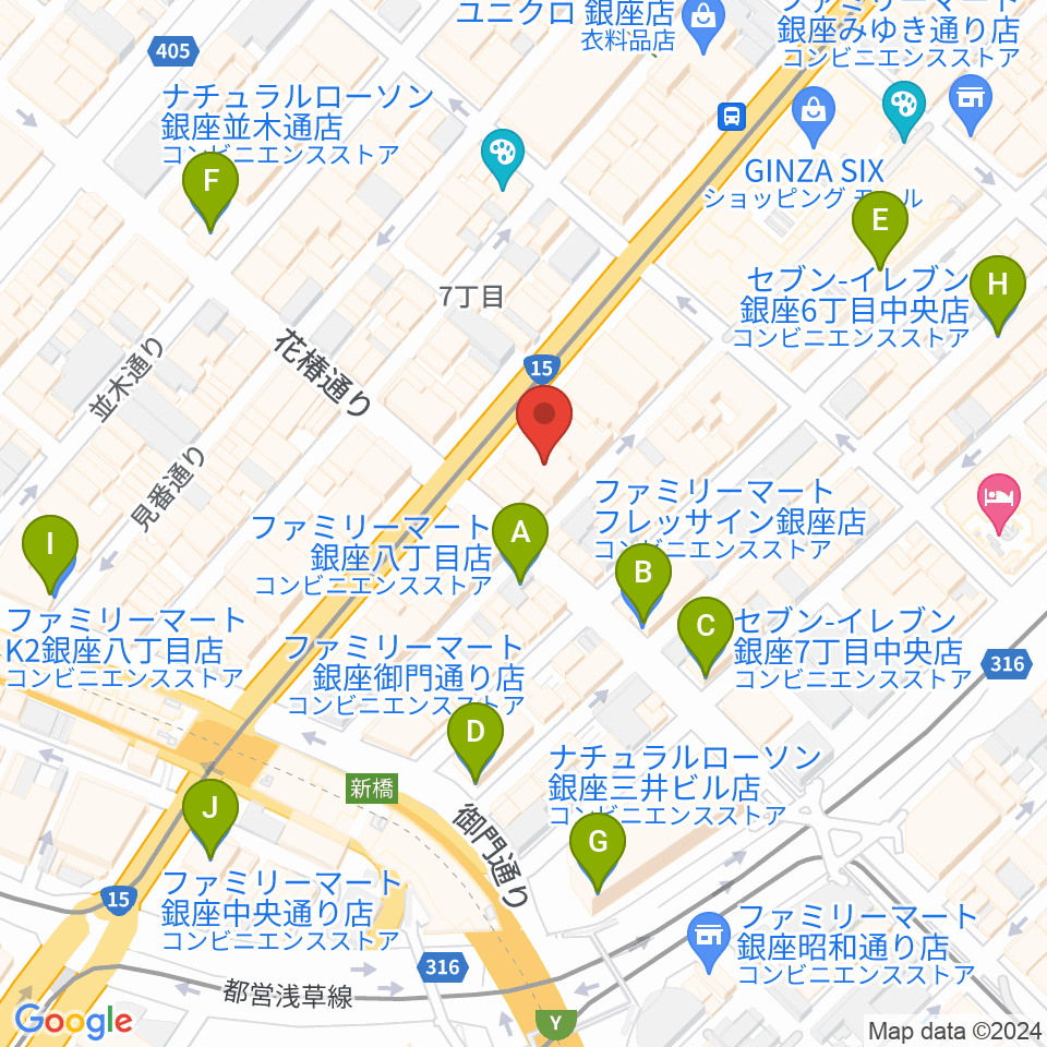 銀座ヤマハホール周辺のコンビニエンスストア一覧地図