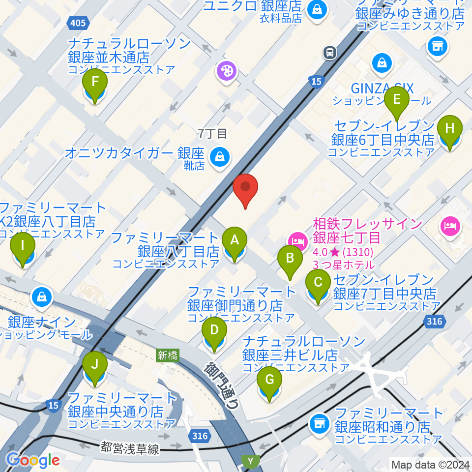 銀座ヤマハホール周辺のコンビニエンスストア一覧地図