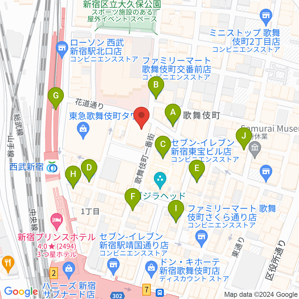 新宿FACE周辺のコンビニエンスストア一覧地図