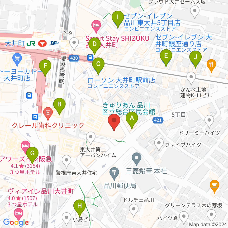 きゅりあん 品川区立総合区民会館周辺のコンビニエンスストア一覧地図