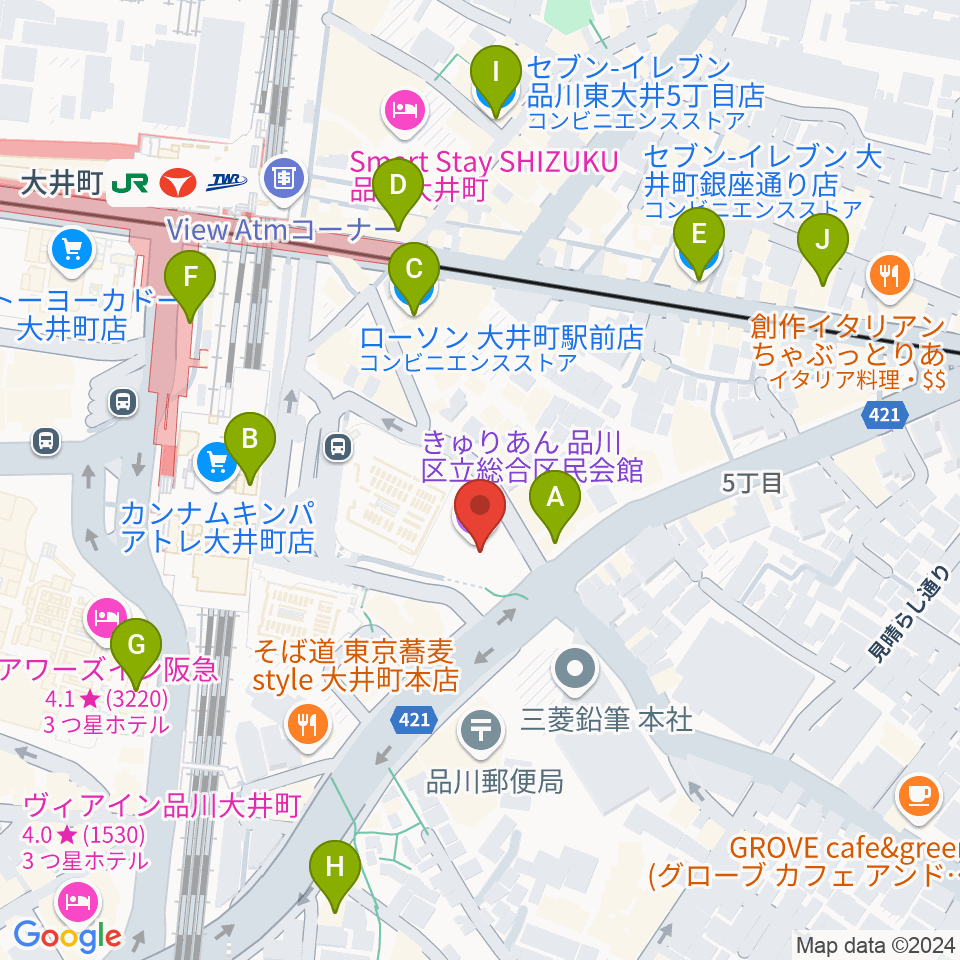 きゅりあん 品川区立総合区民会館周辺のコンビニエンスストア一覧地図