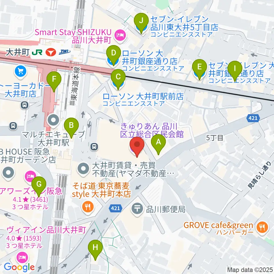 きゅりあん 品川区立総合区民会館周辺のコンビニエンスストア一覧地図