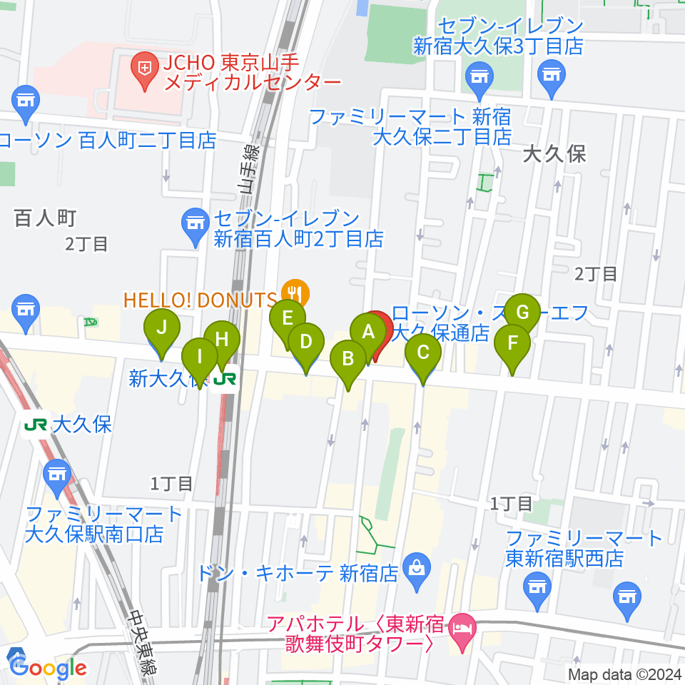 新大久保アースダム周辺のコンビニエンスストア一覧地図