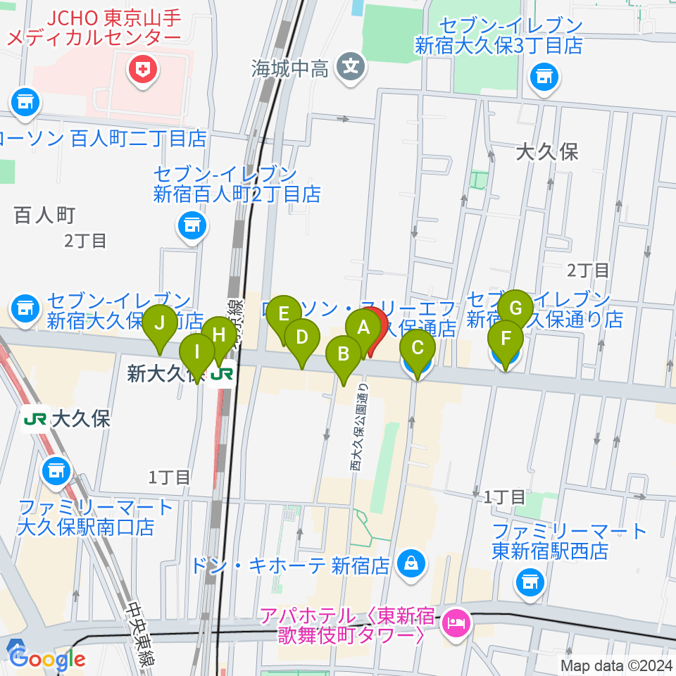 新大久保アースダム周辺のコンビニエンスストア一覧地図