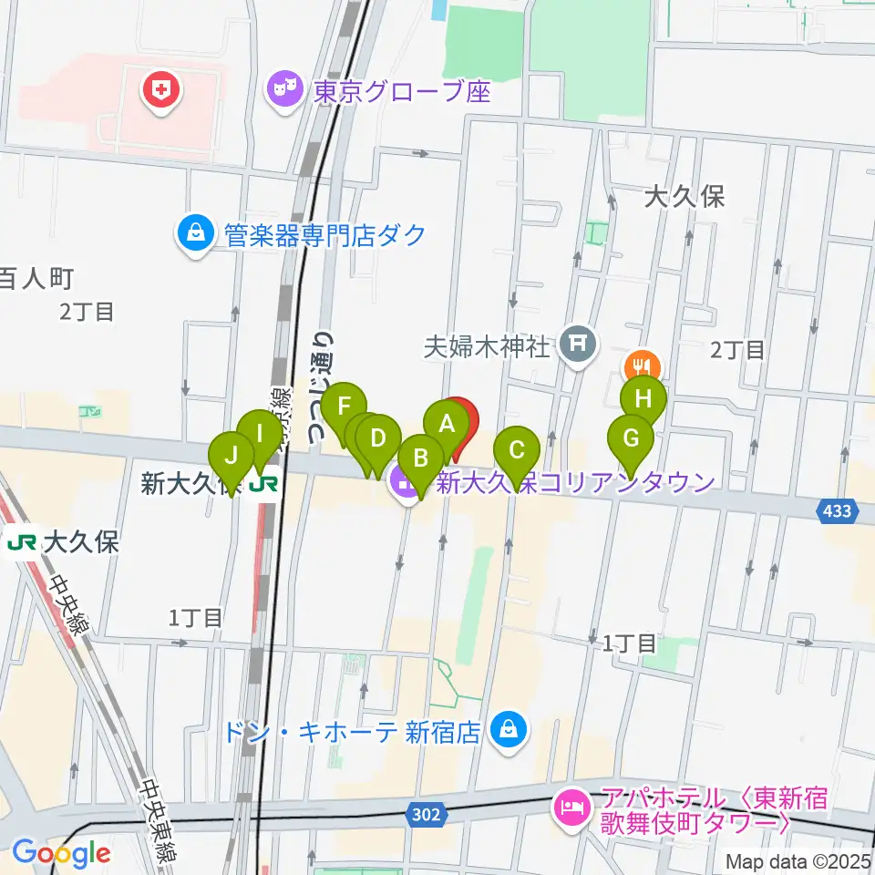 新大久保アースダム周辺のコンビニエンスストア一覧地図