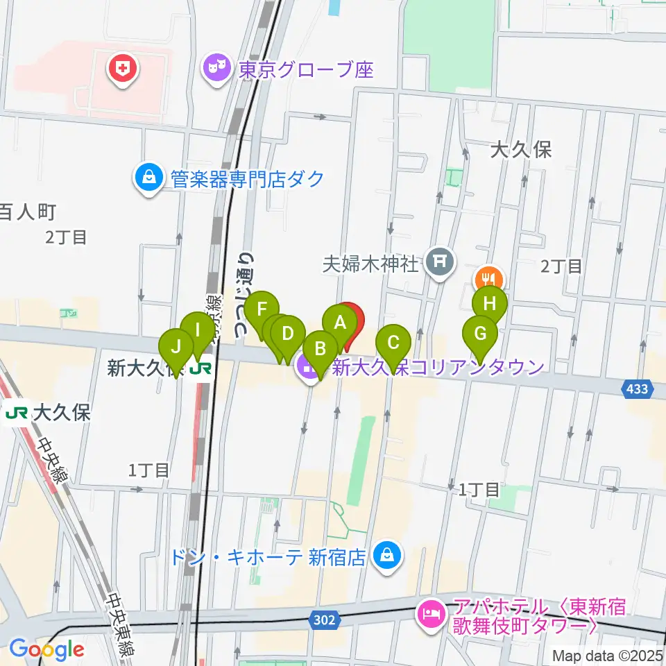新大久保アースダム周辺のコンビニエンスストア一覧地図
