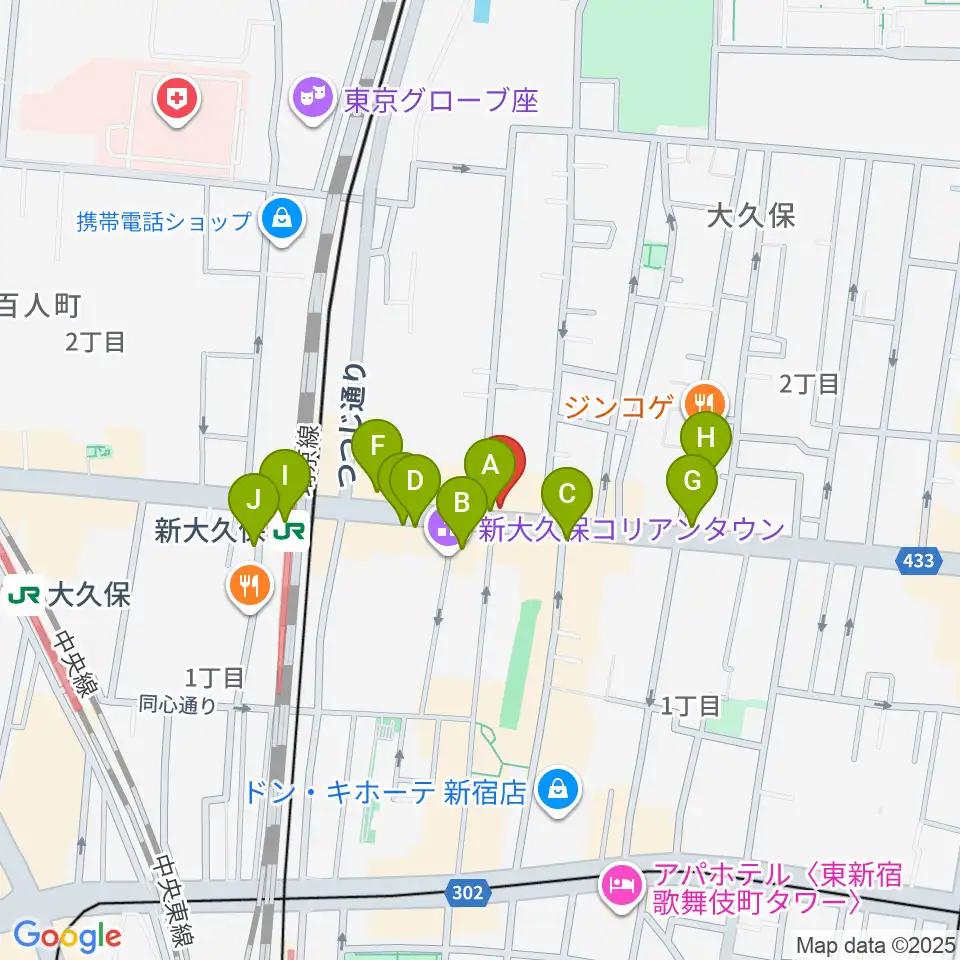 新大久保アースダム周辺のコンビニエンスストア一覧地図