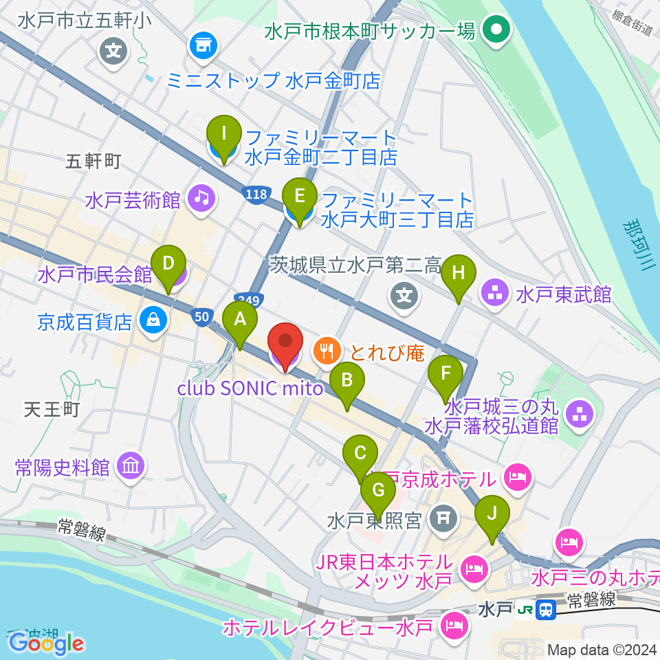 水戸SONIC周辺のコンビニエンスストア一覧地図