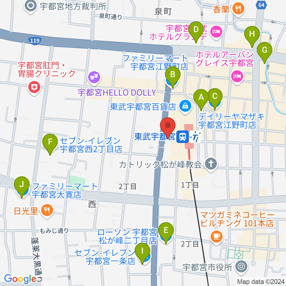 宇都宮ヘブンズロック周辺のコンビニエンスストア一覧地図