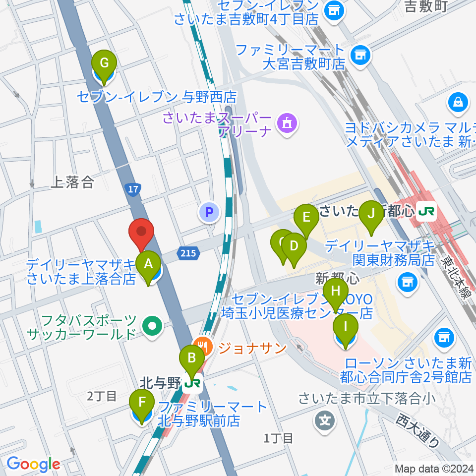 さいたま新都心ヘブンズロック周辺のコンビニエンスストア一覧地図