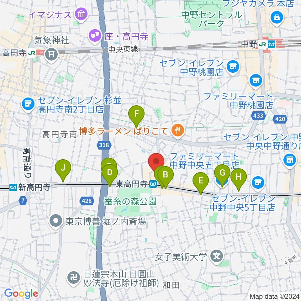 東高円寺二万電圧周辺のコンビニエンスストア一覧地図