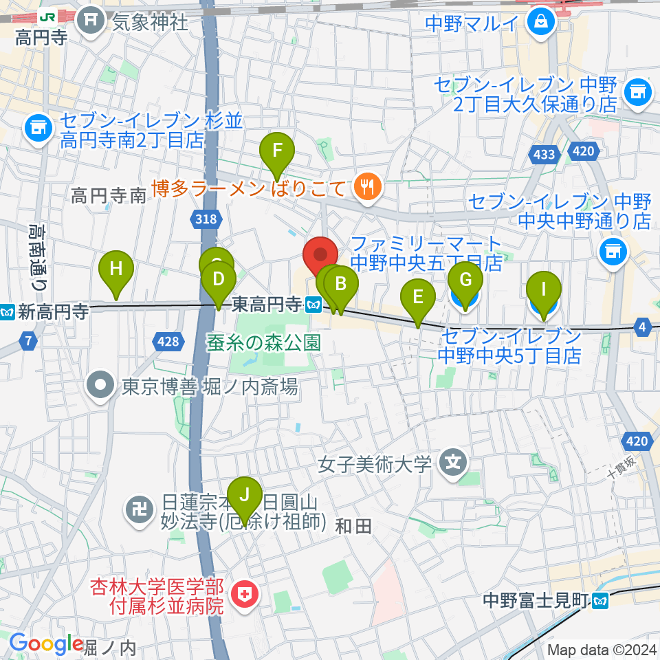 東高円寺二万電圧周辺のコンビニエンスストア一覧地図