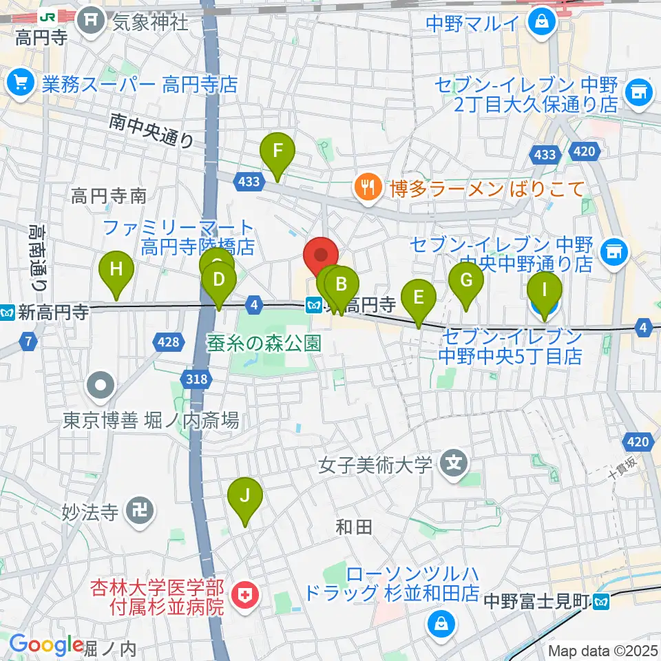 東高円寺二万電圧周辺のコンビニエンスストア一覧地図
