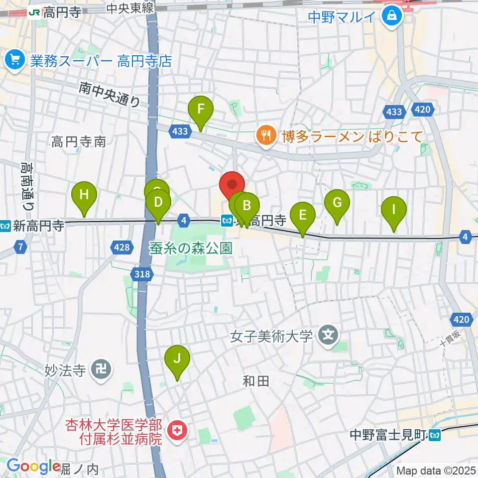 東高円寺二万電圧周辺のコンビニエンスストア一覧地図