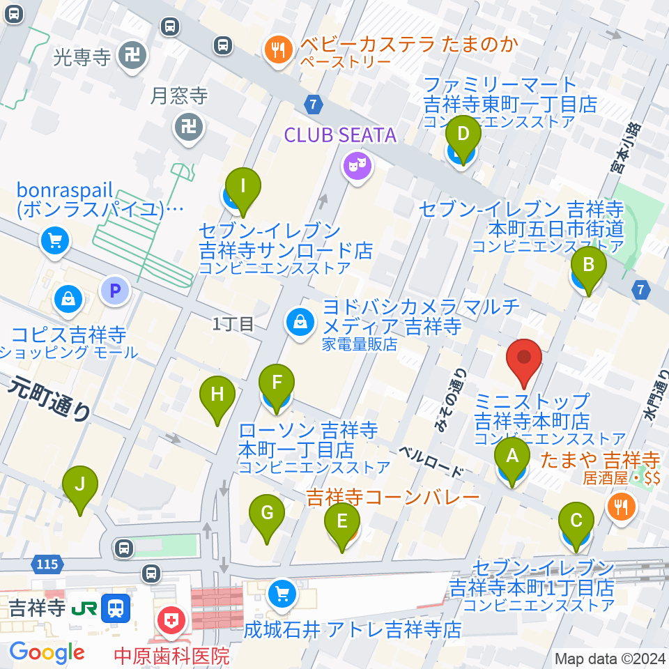 吉祥寺WARP周辺のコンビニエンスストア一覧地図