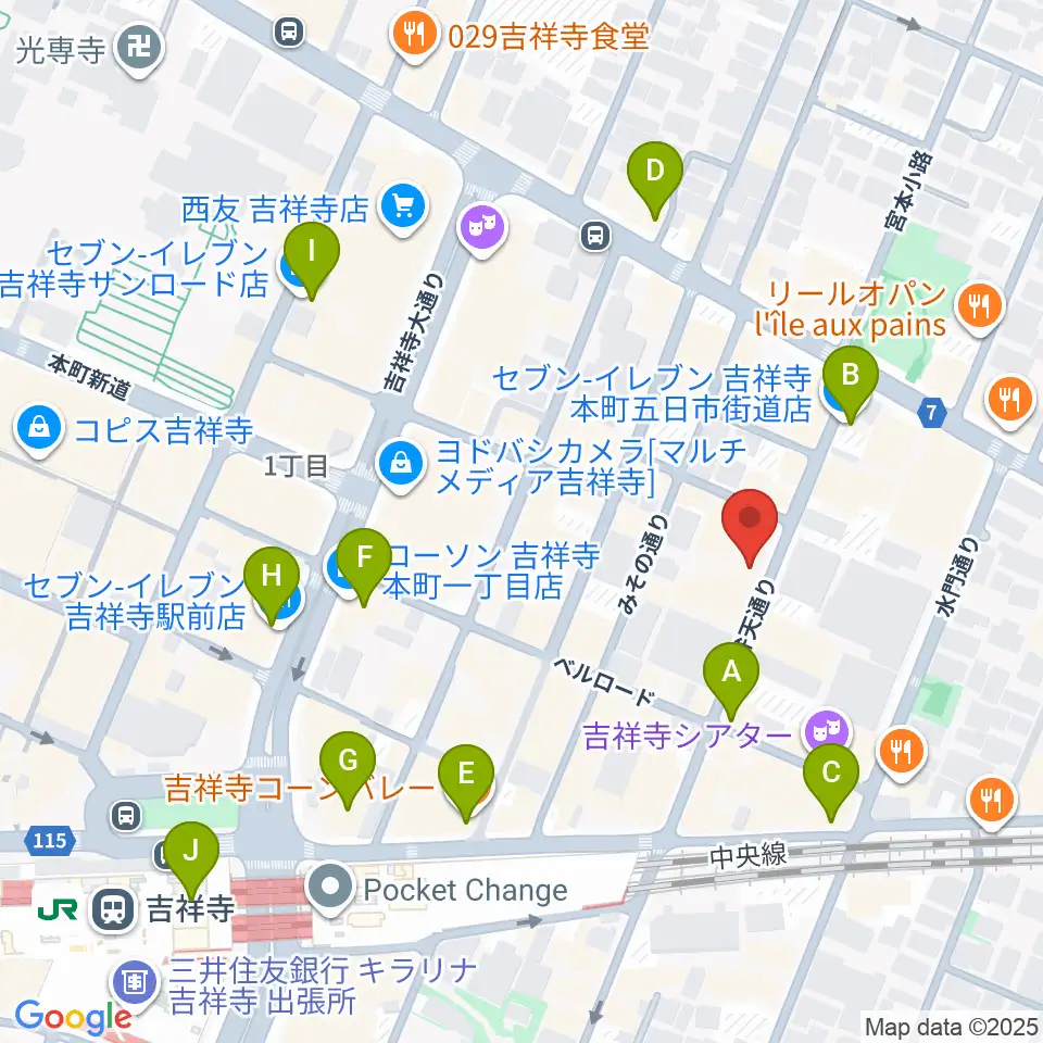 吉祥寺WARP周辺のコンビニエンスストア一覧地図