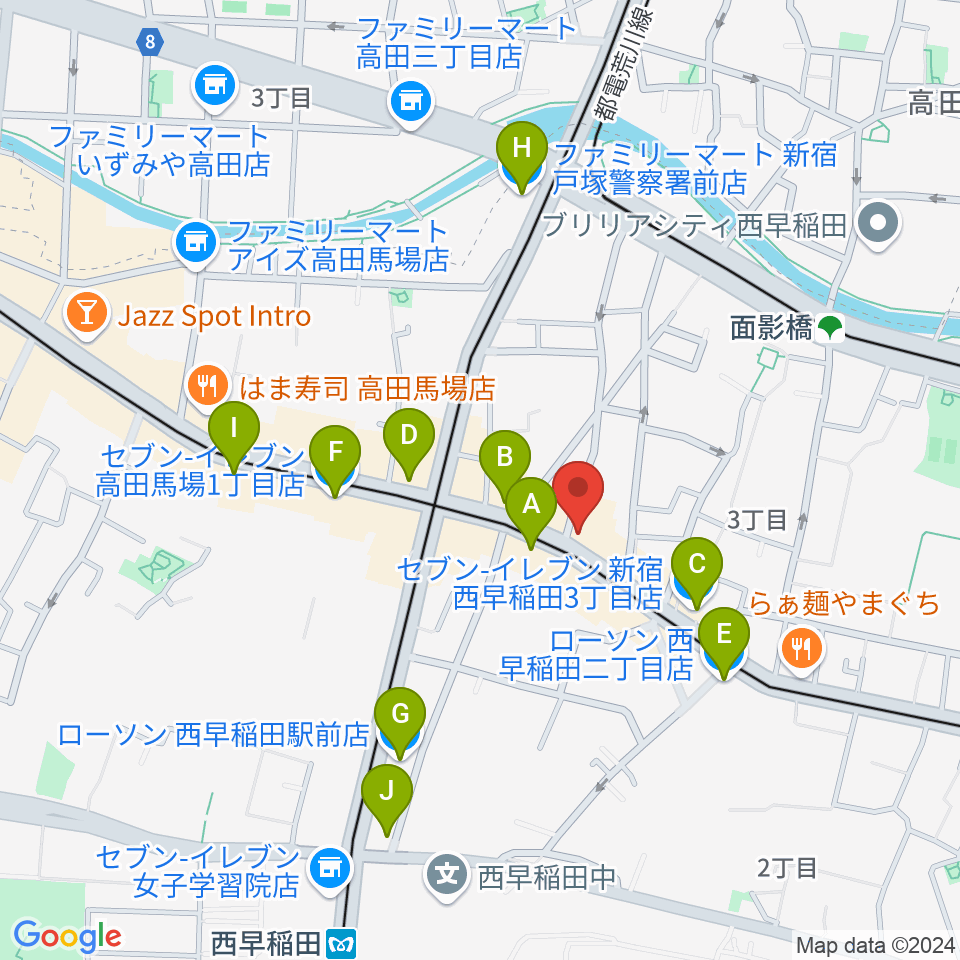 高田馬場 音楽室DX周辺のコンビニエンスストア一覧地図